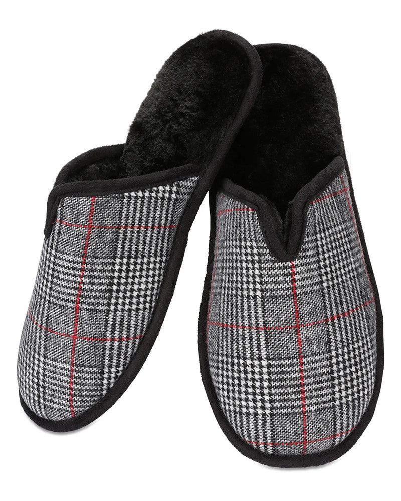 MEMOI Men's Plaid Plush Slipper - Black