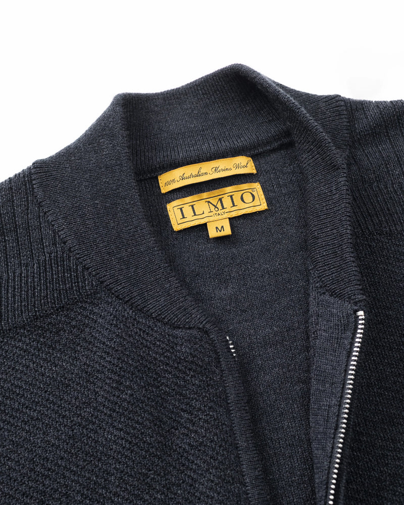 ILMIO 100% Wool Full Zipper Pattern Weave Cardigan - Style 4 Gray