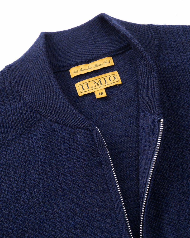 ILMIO 100% Wool Full Zipper Pattern Weave Cardigan - Style 4 Navy