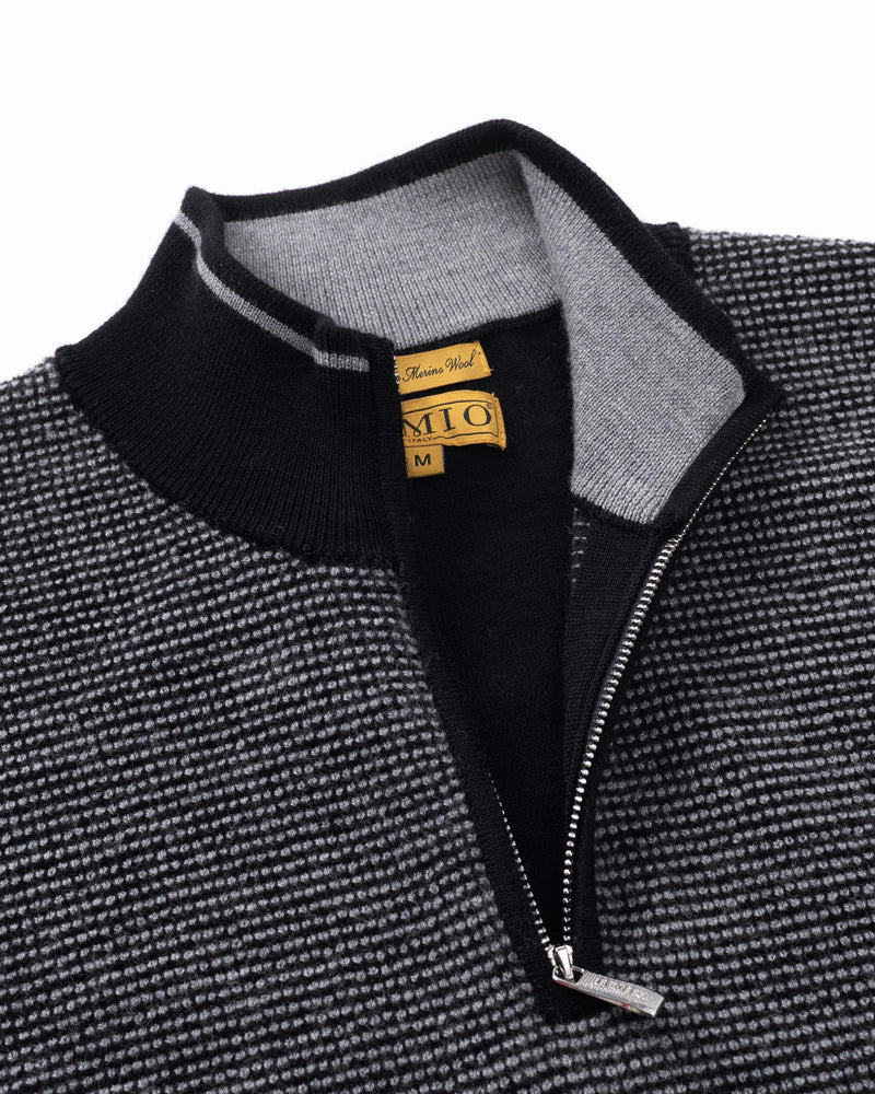 ILMIO 100% Wool Quarter Zipper Pattern Weave Cardigan - Style 9 Black