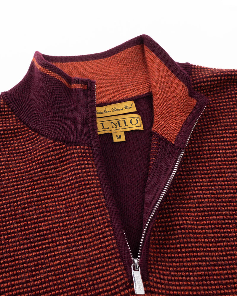 ILMIO 100% Wool Quarter Zipper Pattern Weave Cardigan - Style 9 Burgundy