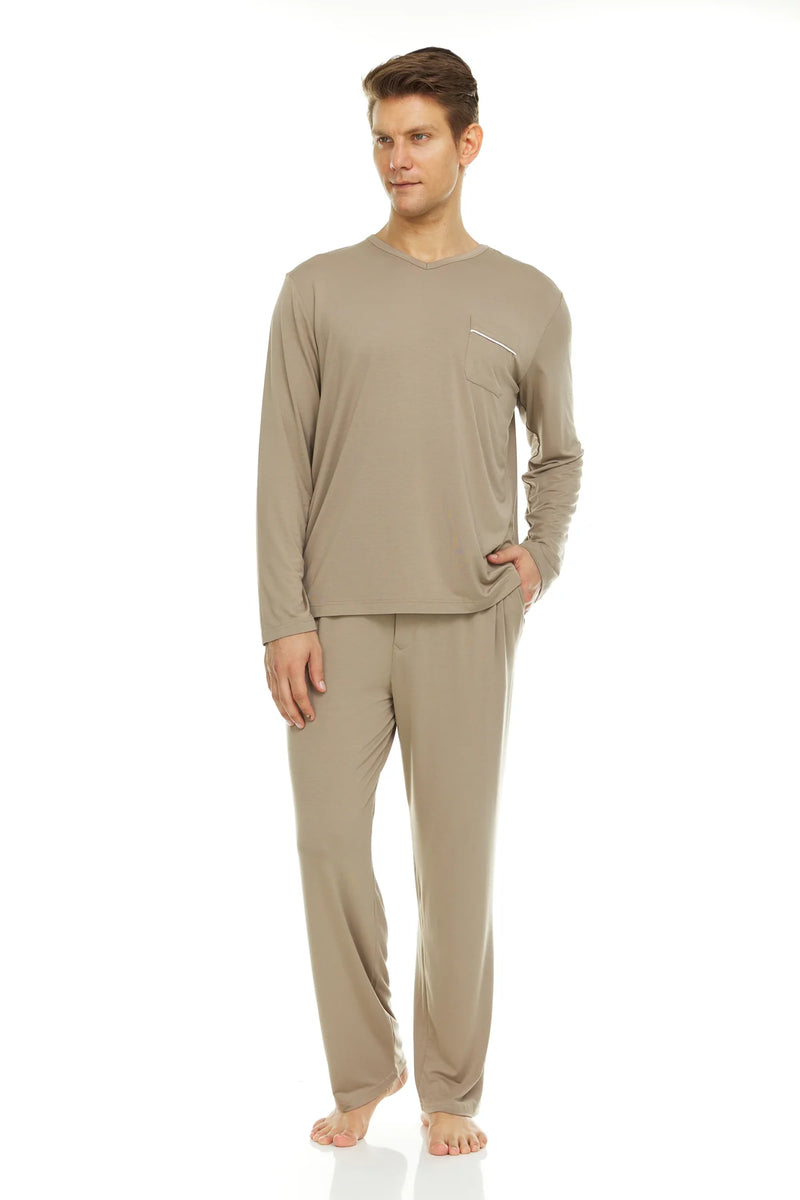 Symmar Men's Micro Model V-Neck Pajamas - Taupe