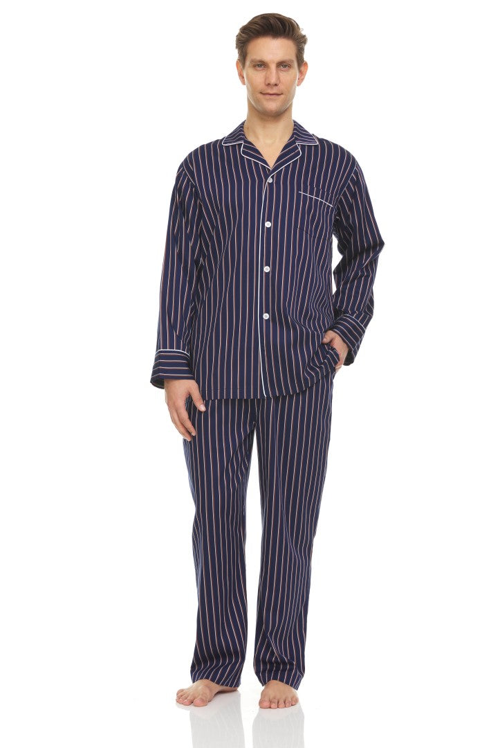 Symmar Men's Tencel Cotton, Button Down Pajama - Navy/Brown